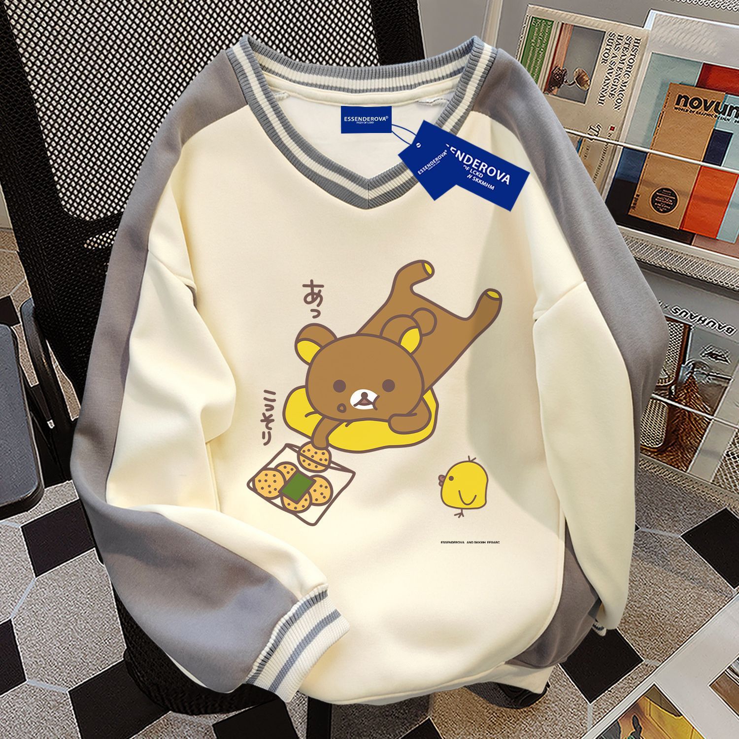 欧美韩版简约潮牌拼接V领卫衣女秋冬季宽松百搭显瘦加绒加厚上衣