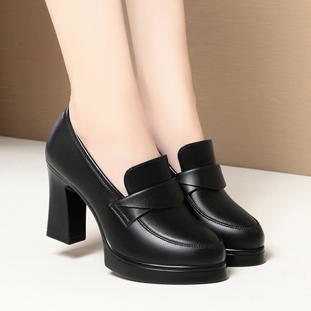 妈妈鞋春秋款女鞋防水台中年女士深口单鞋旗袍走秀高跟鞋粗跟皮鞋