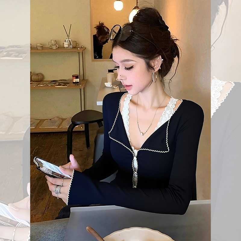 独特漂亮内搭翻领小衫假两件长袖t恤洋气百搭蕾丝上衣服女装秋冬