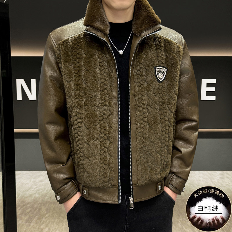 埃卢涅芬冬季羽绒服男秋冬新款皮毛一体夹克男款高档潮牌拼接外套