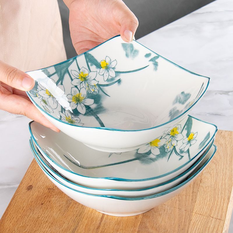 家用菜盘水仙花方碗盘多功能餐具菜盘汤碗面碗点心碗菜盘子釉下彩