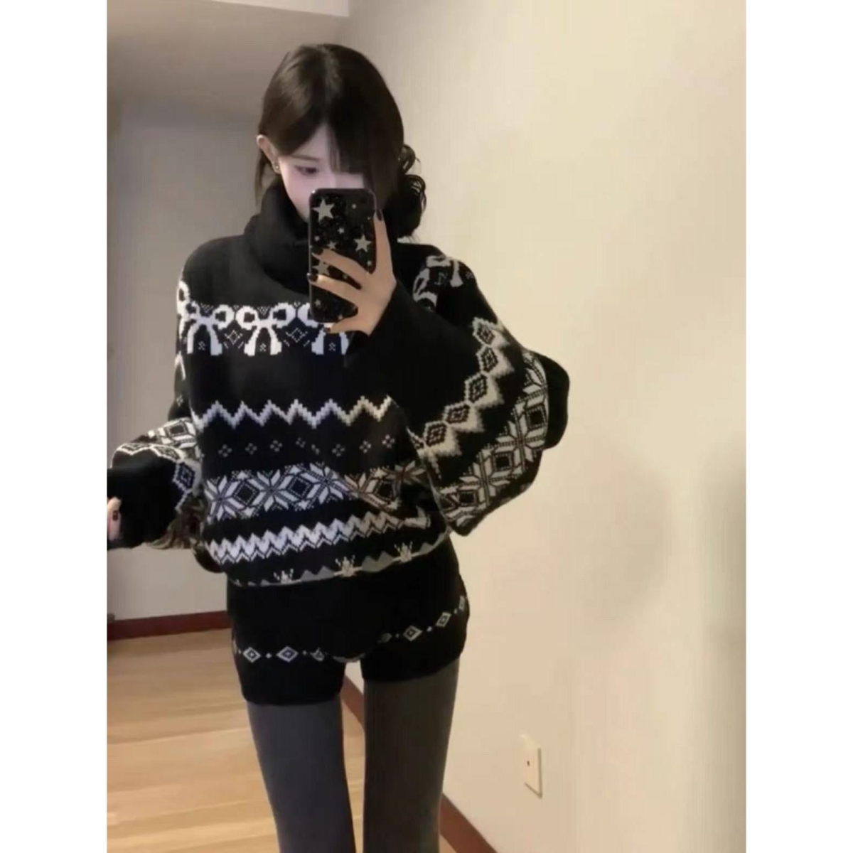 实价#绵羊绒#费尔岛毛衣套装女秋冬季黑色高领上衣针织短裤一整套