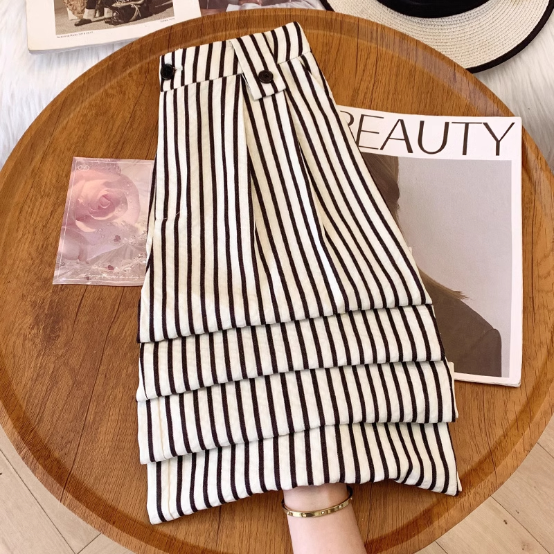 拉夏贝尔时尚条纹休闲阔腿裤女夏季2025新款高腰显瘦慵懒风直筒裤