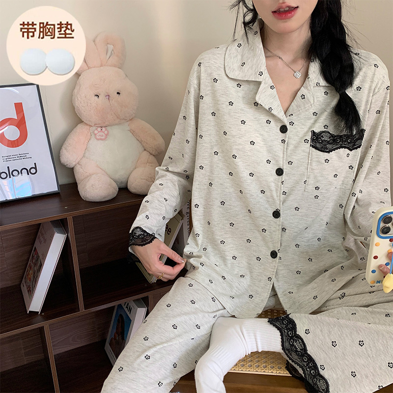 带胸垫睡衣女春秋季长袖长裤甜美女士简约开衫睡衣家居服套装