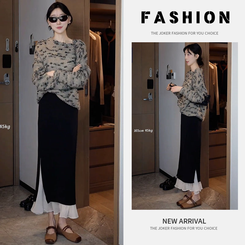 【现货】穿搭一整套女2025新款韩版慵懒风简约毛衣百搭半身裙两件套