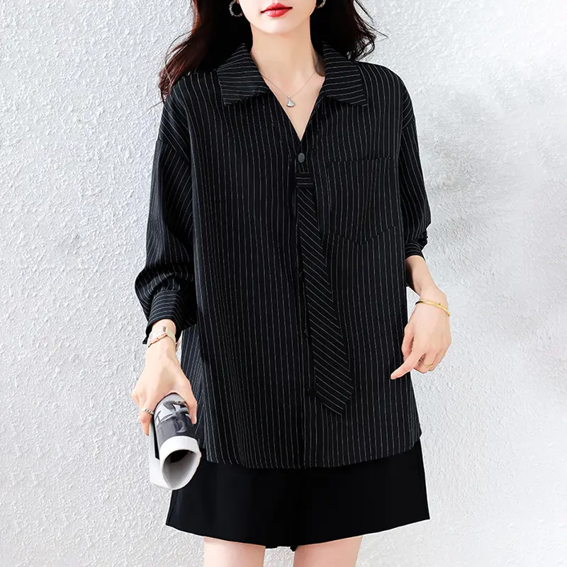 设计感时尚休闲百搭衬衫女宽松显瘦条纹上衣2025秋季新款长袖衬衣