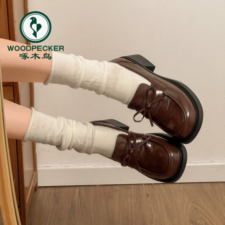 啄木鸟增高棕色蝴蝶结小皮鞋女2025秋季新款日系英伦风乐福单鞋女