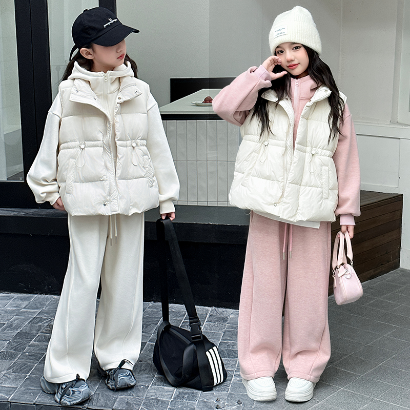 女童加绒加厚卫衣套装冬款2024儿童6-15岁女大童时尚马甲三件套