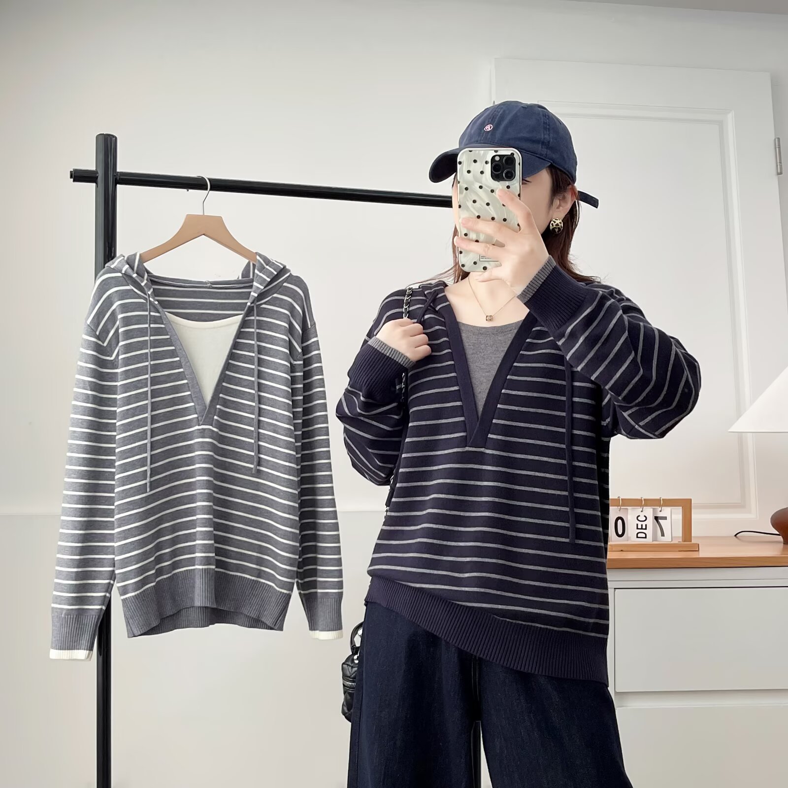 针织连帽长袖秋季女条纹毛针织衫假两件上衣早秋套头宽松