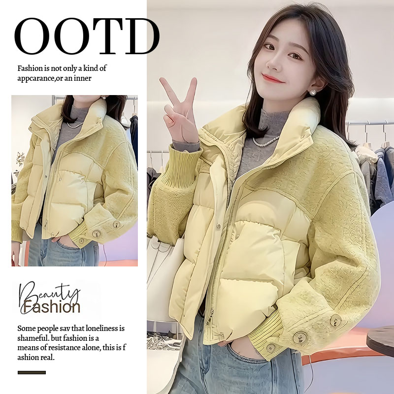 韩版超好看立领毛呢拼接棉服女2025冬季新款洋气独特别致保暖棉袄