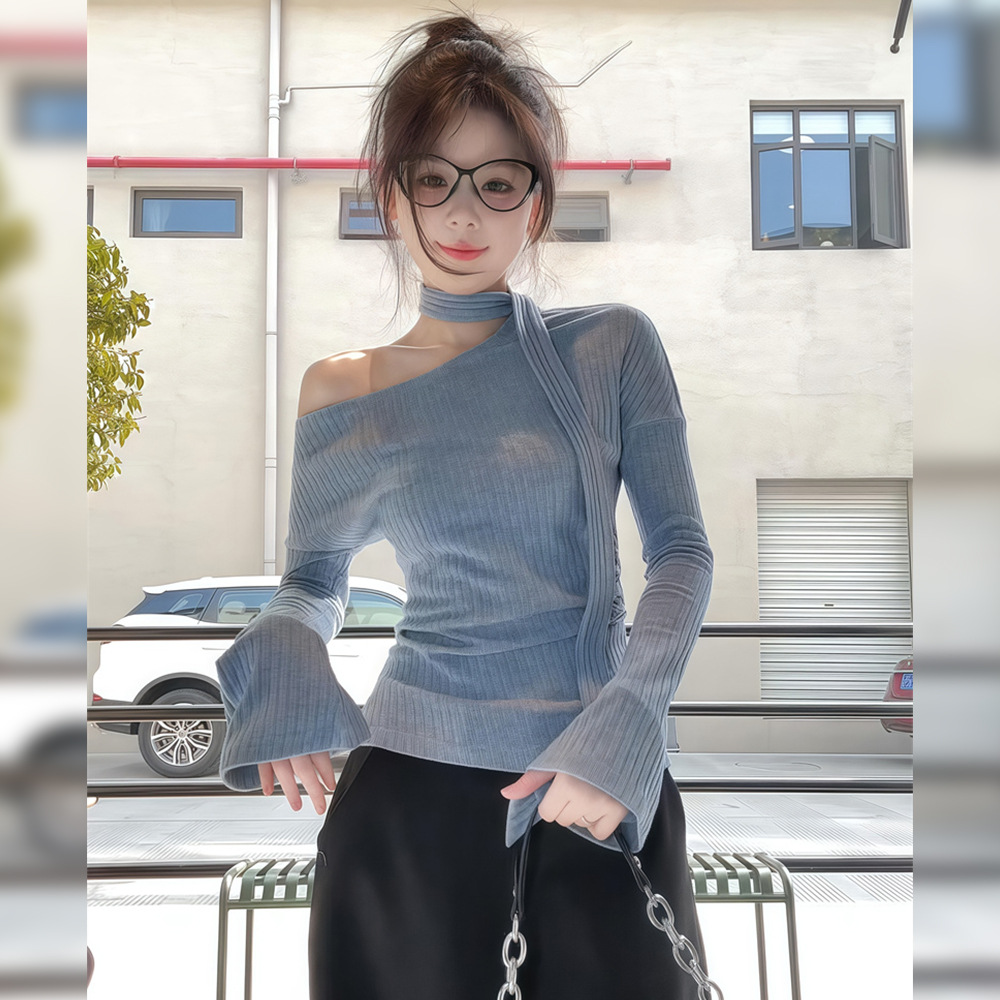 斜肩露肩一字肩灰蓝色长袖t恤初秋穿搭多巴胺上衣高夏季宽松