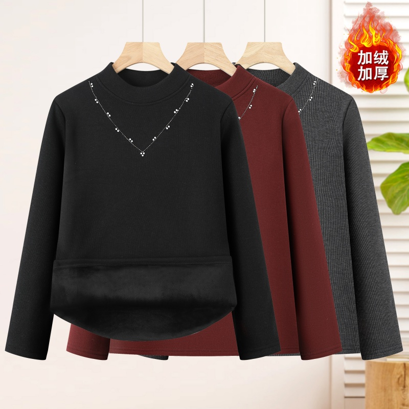 秋冬装新款镶钻弹力打底衫上衣洋气妈妈加绒加厚小衫中老年T恤衫