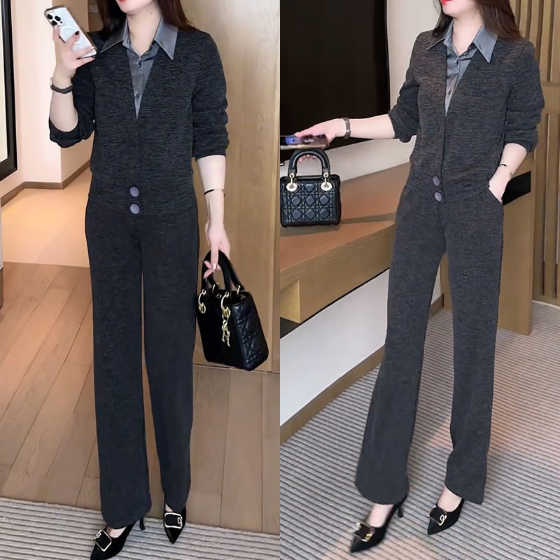 时尚气质简约休闲套装女2025秋季新款百搭假两件上衣直筒裤两件套