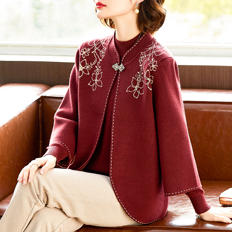 拉夏贝尔妈妈春秋装结婚礼服针织开衫中老年女高贵内搭毛衣两件套