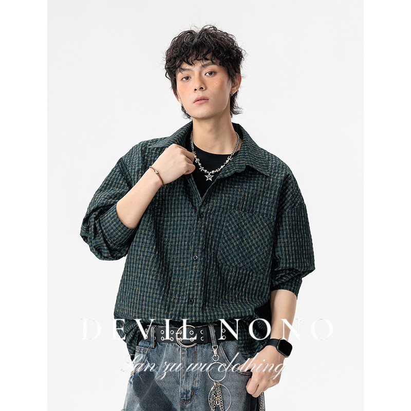 DEVIL NONO秋季翻领格子秋季拼色长袖衬衫复古港风宽松百搭衬衣