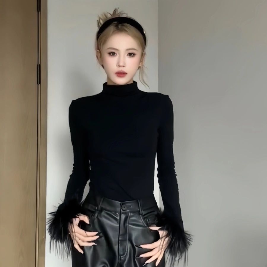 2025新款拼接秋冬黑色毛毛高领打底洋气长袖设计袖口修身显瘦上衣