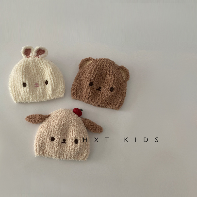 婴儿毛绒帽秋冬季超萌可爱小熊套头帽子小月龄宝宝小兔子保暖帽冬