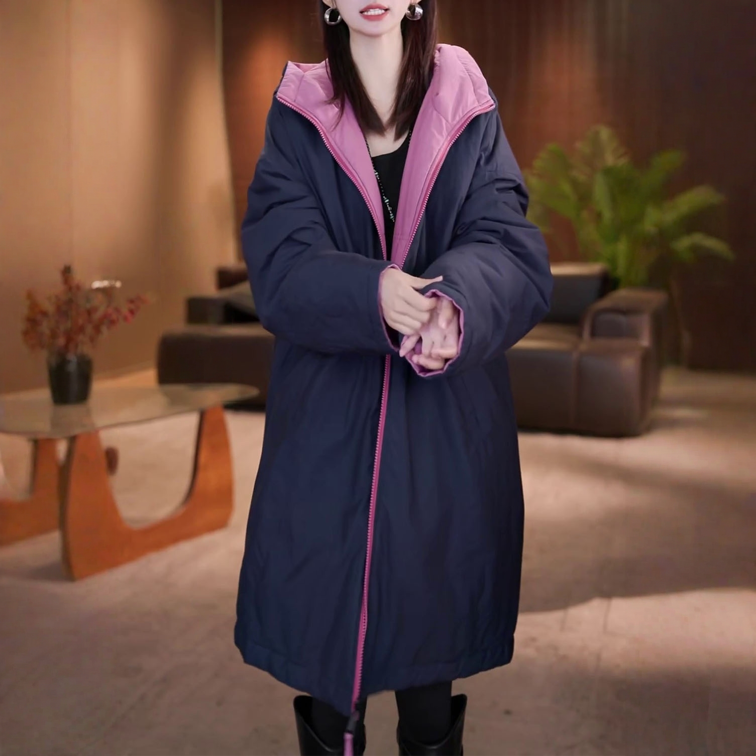 加棉加厚设计款双面双穿中长款棉衣2025秋冬新款韩版宽松遮肉上衣