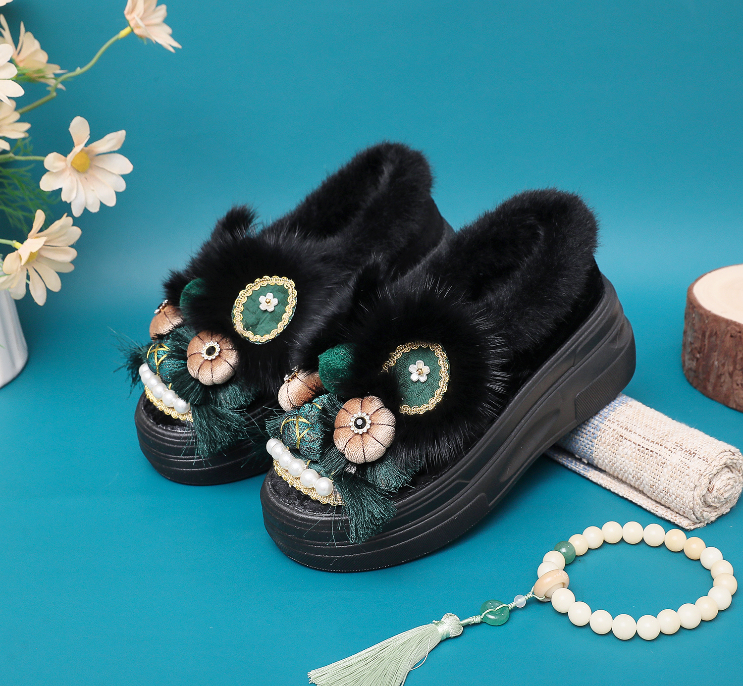 【厚底-棉鞋】【墨雨云间】一脚蹬国风刺绣手工透气百搭包头虎头鞋