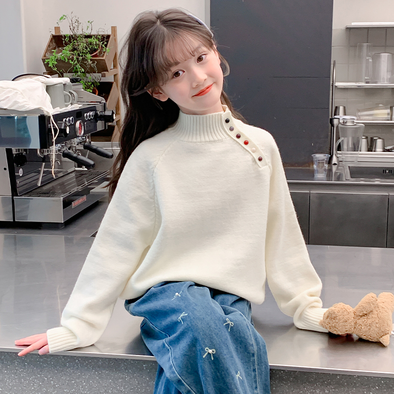 女童毛衣秋冬2025新款中大童半高领加厚打底衫韩版套头针织衫洋气