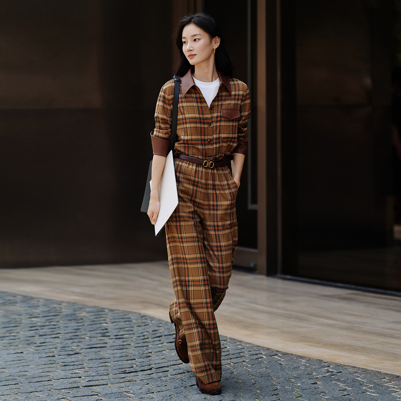 EP雅莹2025早秋新款女装 慵懒风格纹宽松阔腿直筒休闲裤6438B