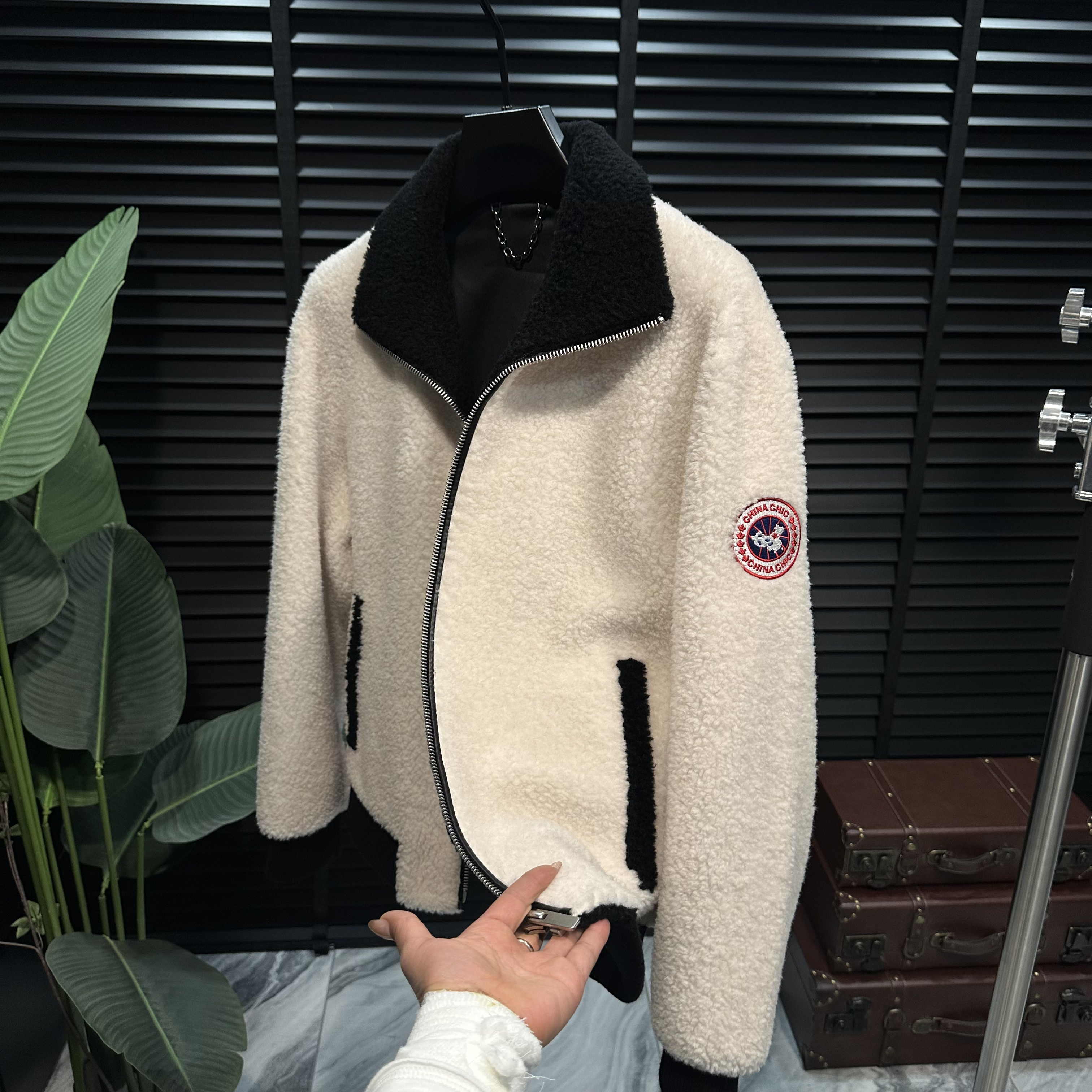 冬季保暖男士撞色立翻领100%羊毛定织外套