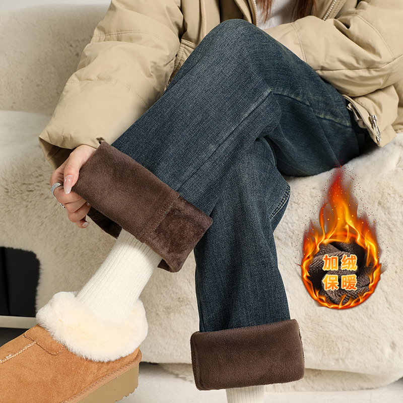 牛仔裤女加绒加厚秋冬超柔弹力直筒高腰修身宽松显瘦提臀百搭阔腿