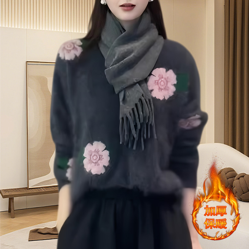 松弛感慵懒风圆领套头花朵毛衣秋冬季新款长袖内搭休闲针织衫女装