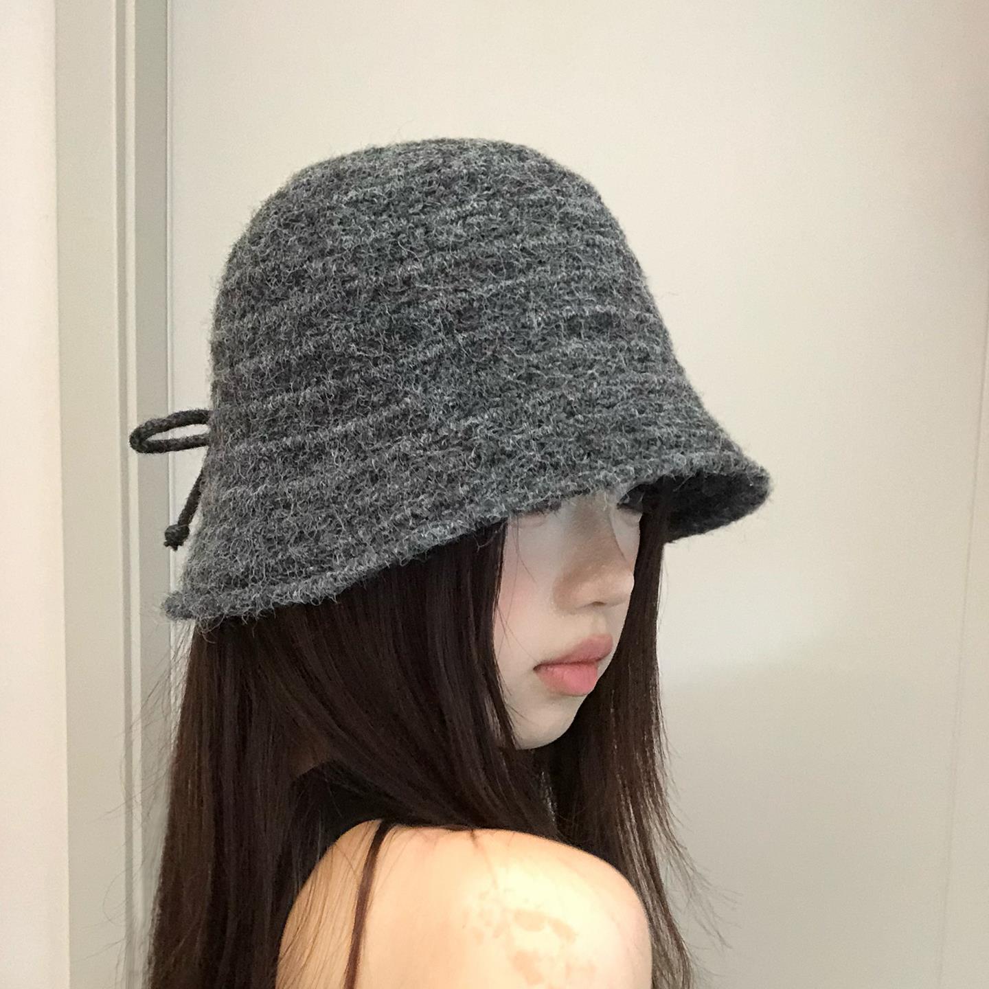 FAVMARTHA日系蝴蝶结灰色毛绒渔夫帽女秋冬保暖百搭显脸小针织盆