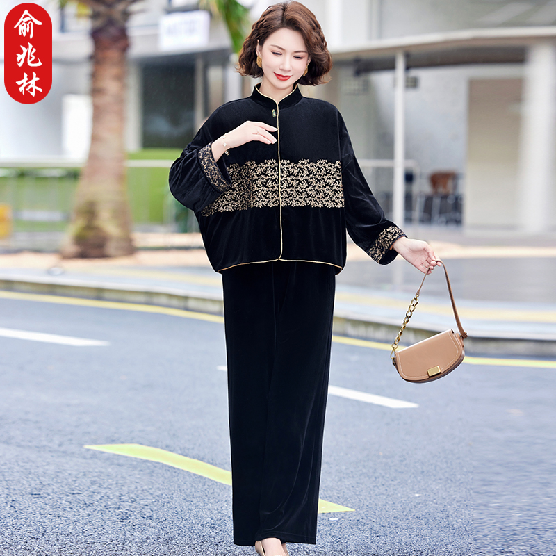 俞兆林妈妈春装外套新中式金丝绒套装中老年女春秋大码唐装两件套