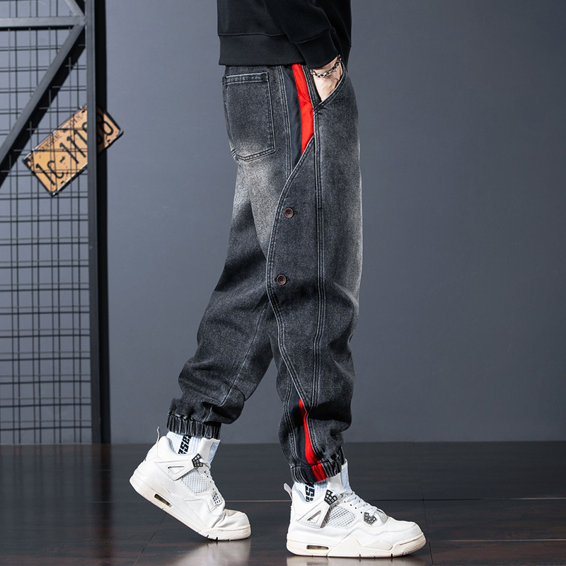 轻奢痞帅男装重磅美式潮牌复古牛仔裤秋季宽松大码百搭排扣工装裤