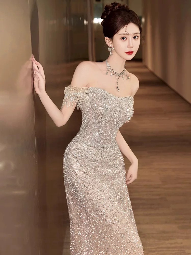 一字肩晚礼服女宴会鱼尾主持人敬酒服新娘订婚礼裙学生成人礼礼服