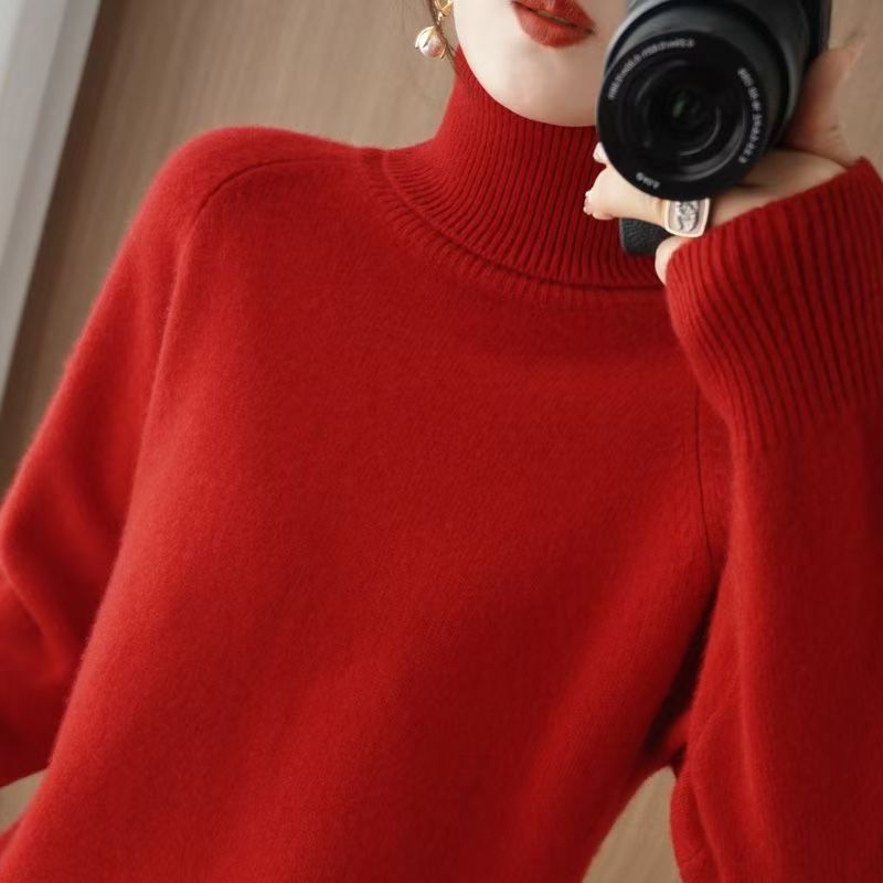 2025秋冬新款加厚高翻领套头毛衣女打底衫插肩袖针织安哥拉红毛衫