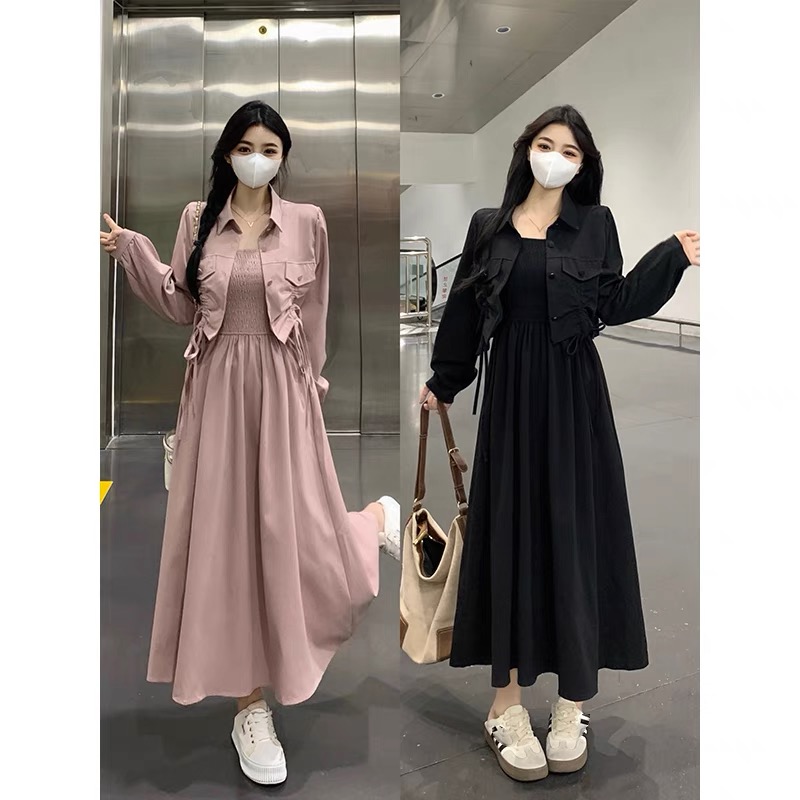 大码女装法式减龄连衣裙女春秋胖mm遮肚显瘦吊带裙长袖开衫两件套