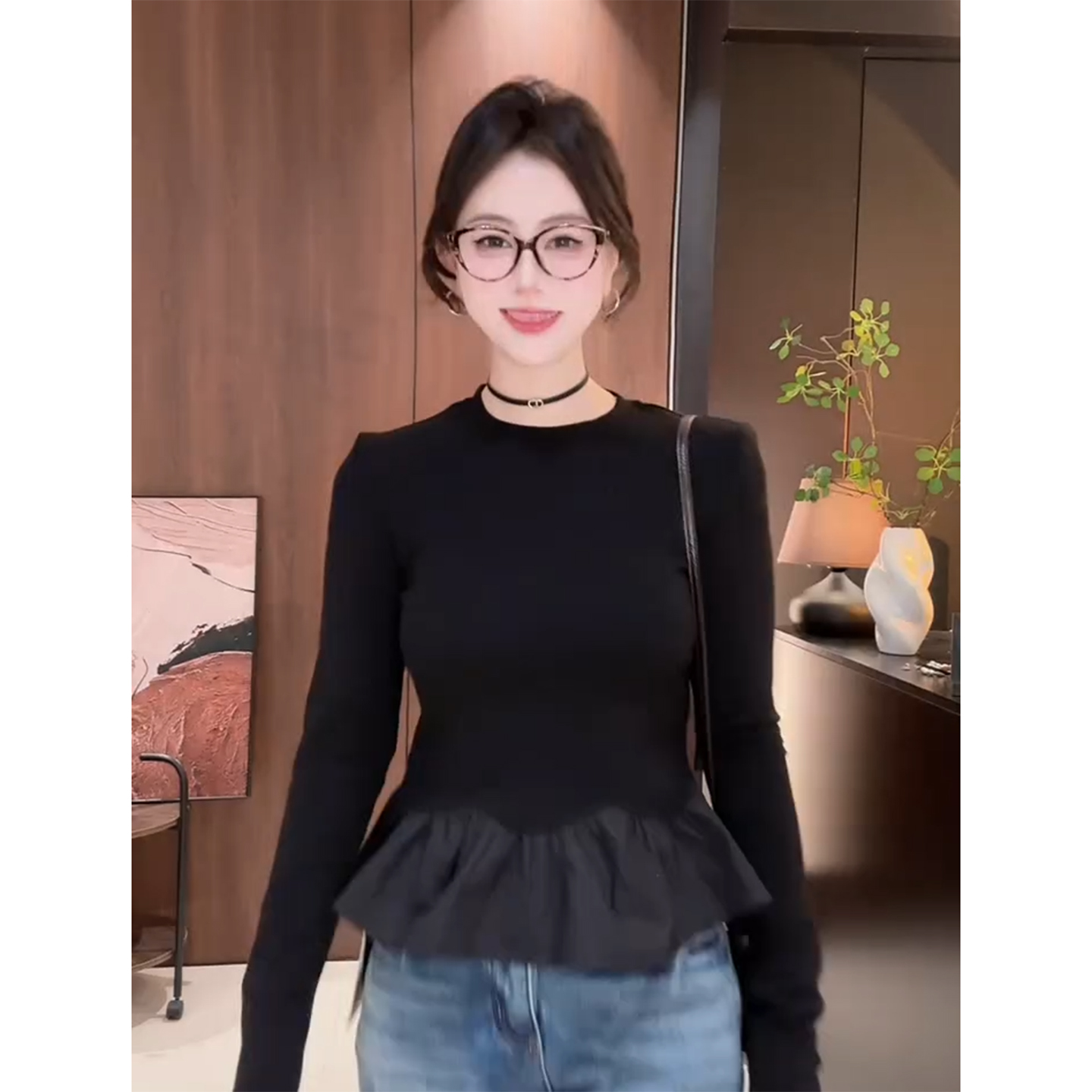 韩系辣妹荷叶边黑色打底衫女冬季新款小众洋气修身长袖T恤上衣