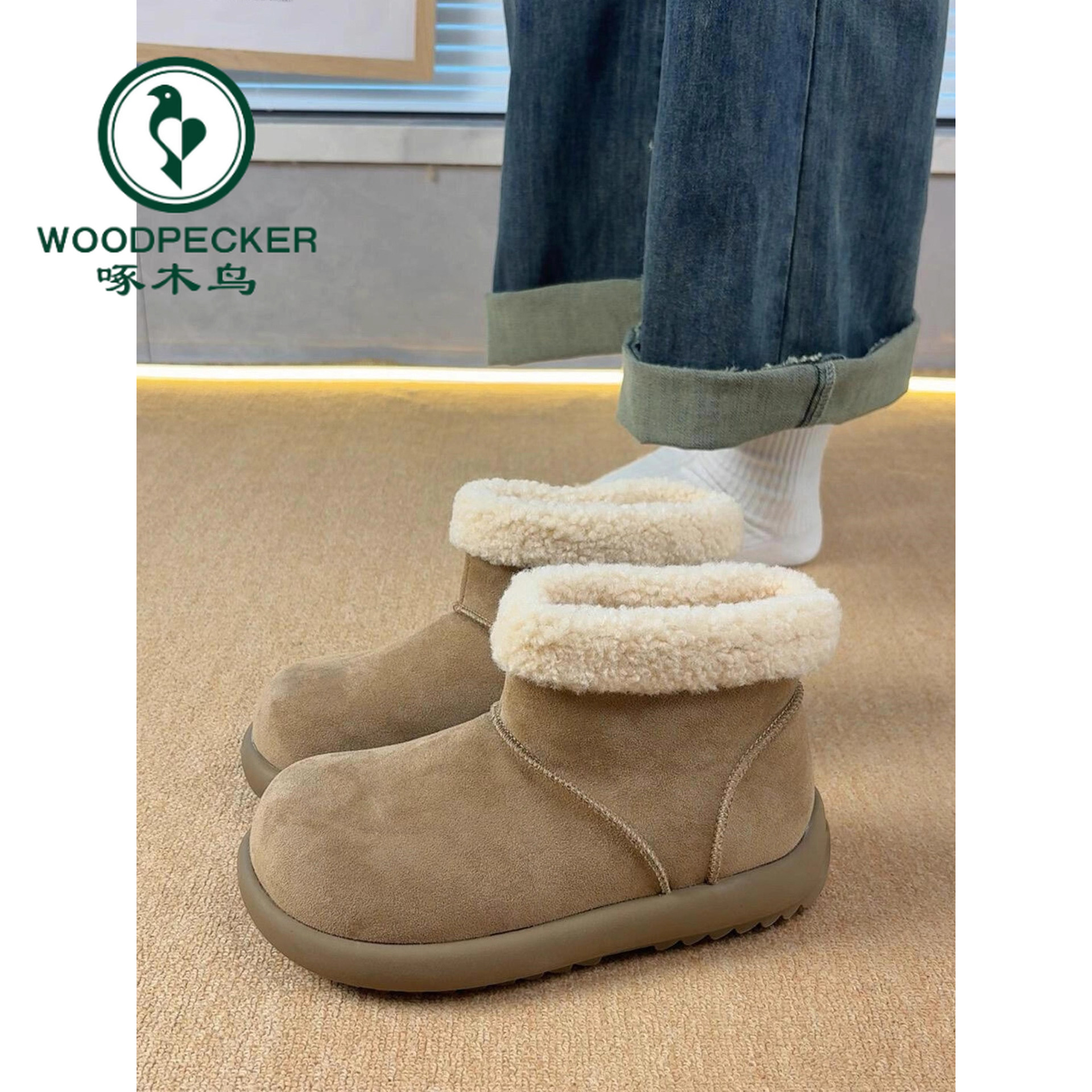 啄木鸟小土豆厚底勃肯短靴女冬季加绒保暖毛毛棉鞋皮毛一体雪地靴