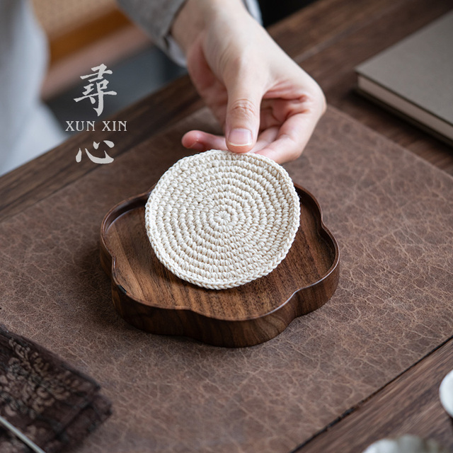 寻心中式刺字绣养壶垫杯垫棉线手工编织吸水隔热垫置物垫茶具壶承