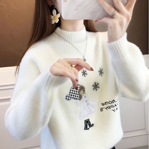 黄金水貂绒女士毛衣女宽松外穿加厚爆款雪花洋气学生针织打底衫新