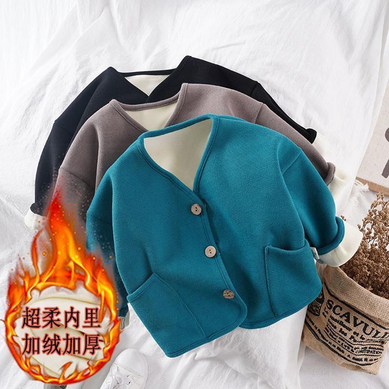 加绒加厚秋冬男女宝宝时髦休闲上衣外套儿童宽松洋气长袖开衫上衣