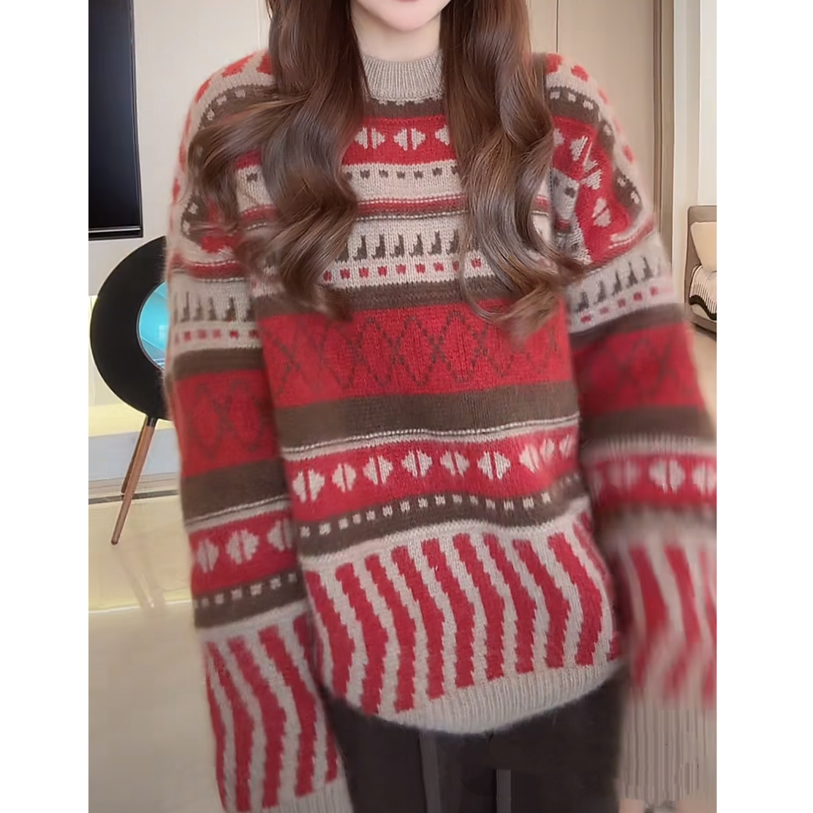 小众设计感复古新年费尔岛毛衣毛衣时髦洋气宽松慵懒风条纹针织衫