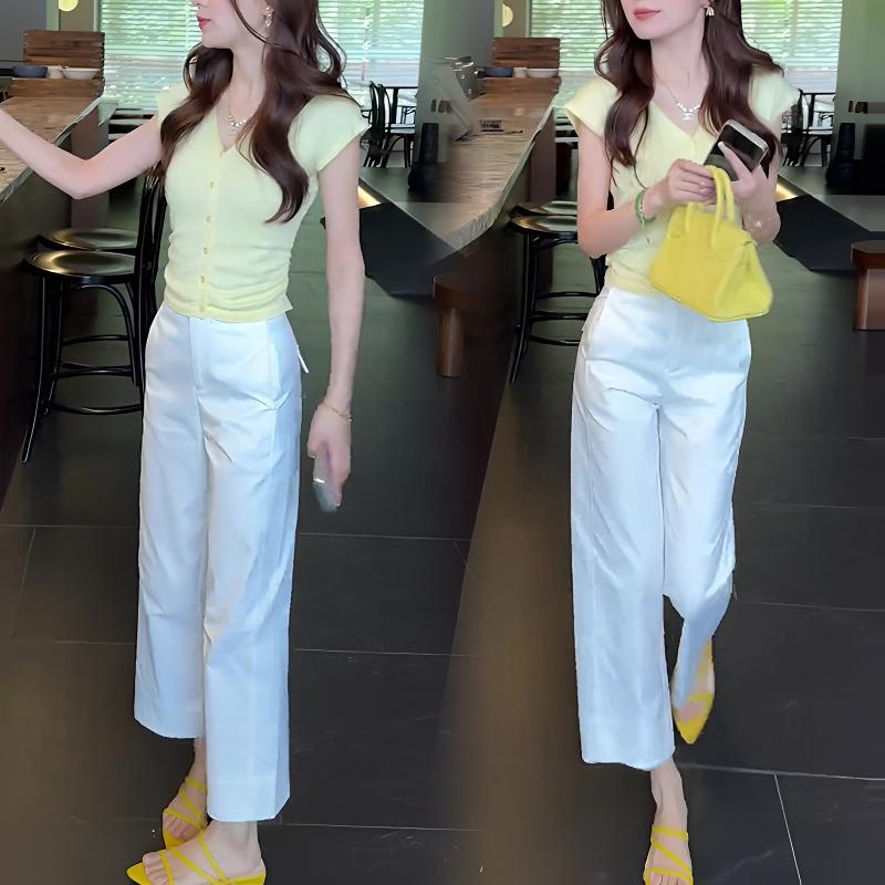 时尚套装女夏季新款短袖冰丝针织衫上衣小个子休闲九分裤两件套潮