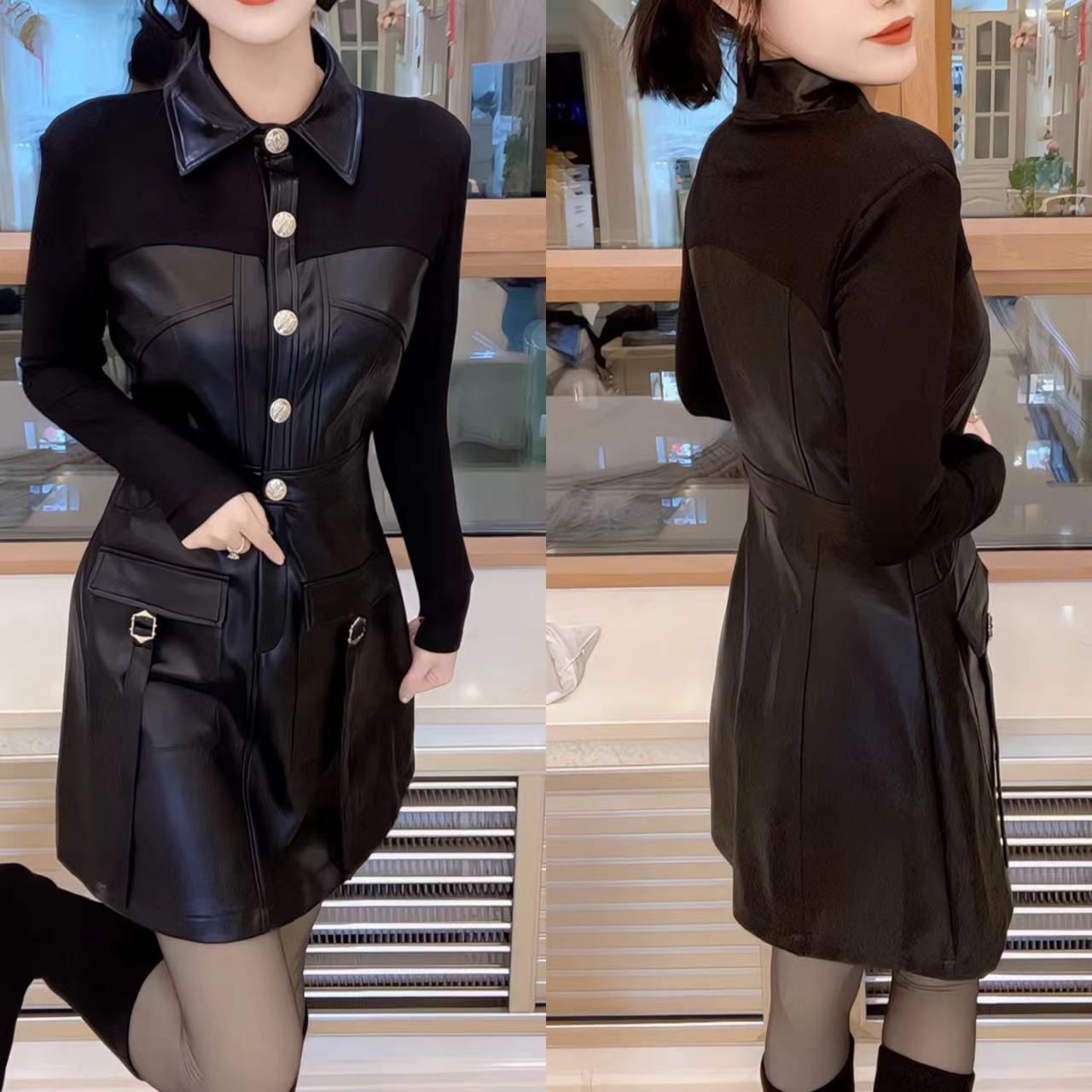 拼接长袖秋冬轻熟风常规连衣裙翻领洋气秋季韩版黑色拼接