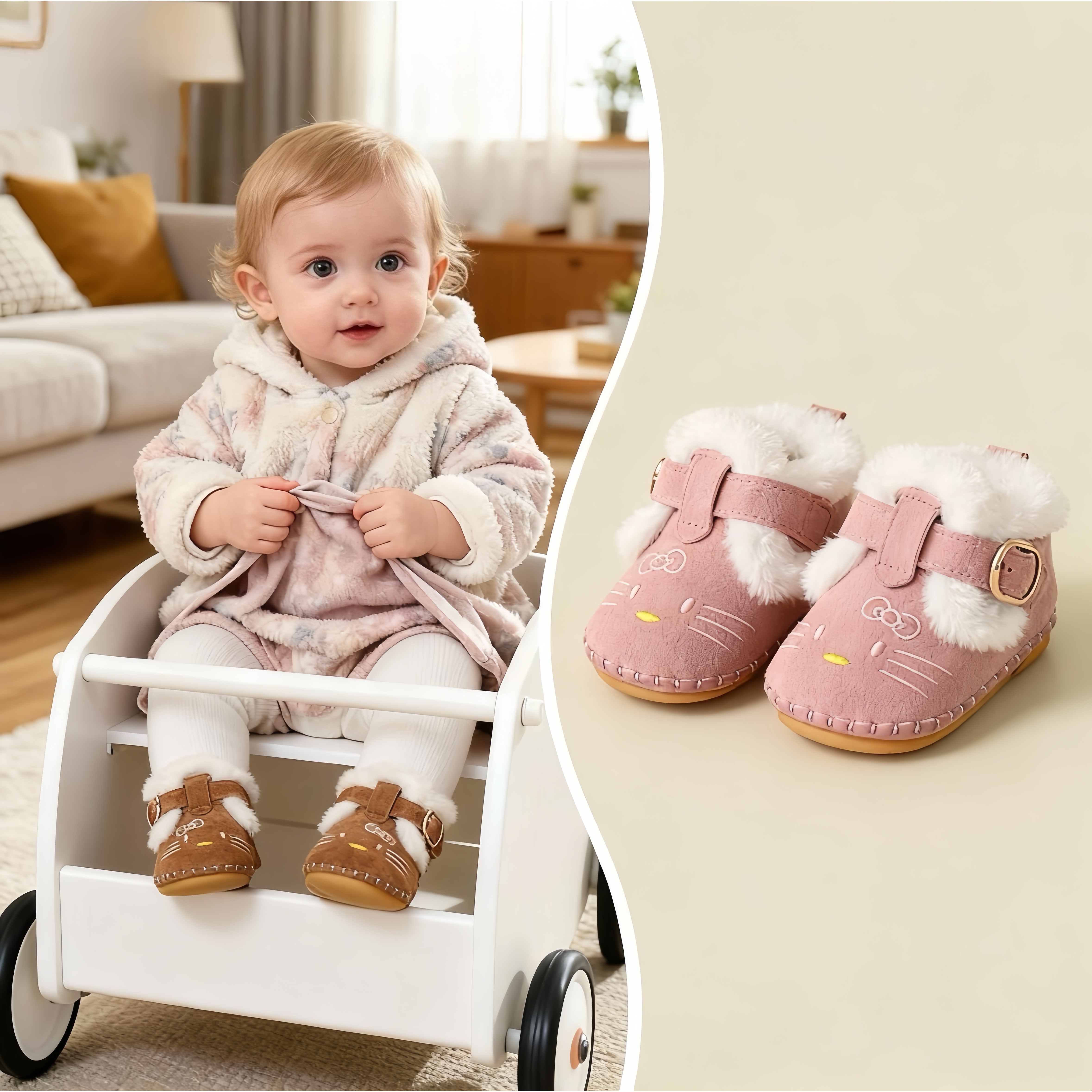 新款0一1岁女宝宝冬季可爱猫咪软底学步鞋加绒防风婴幼儿保暖棉鞋