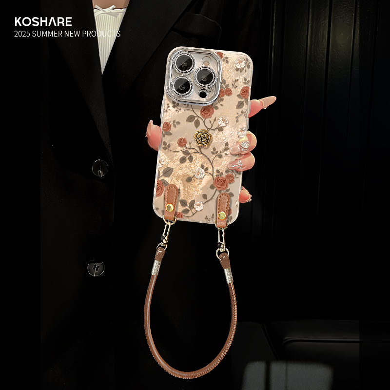 咖色玫瑰适用苹果17华为vivo/oppo小米iPhone精孔冰川纹手机壳