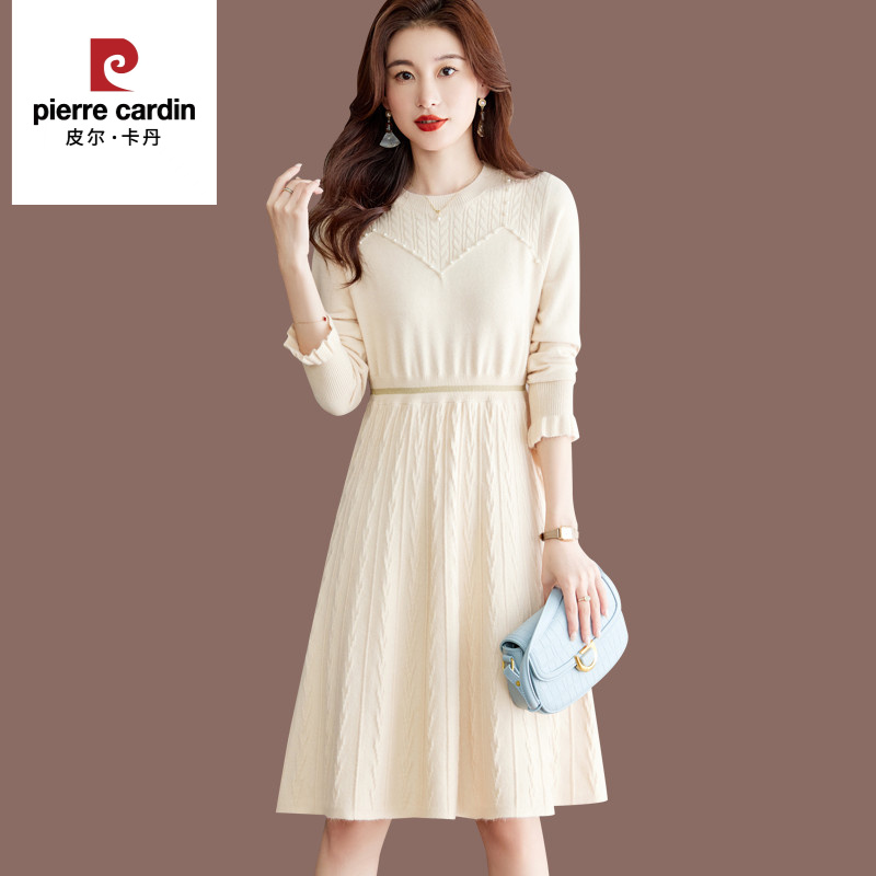 皮尔卡丹2025秋冬新款洋气收腰羊毛针织毛衣连衣裙女内搭中长款打
