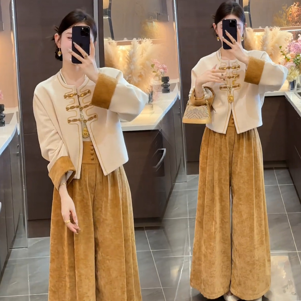 拉夏贝尔时尚套装女2025秋季新款气质新中式盘扣外套阔腿裤两件套