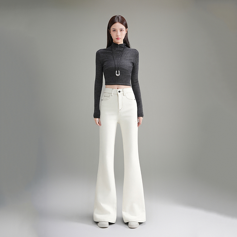 悉妍 加绒加厚牛仔裤女喇叭裤显瘦2025秋冬新款九分裤纯白色9976