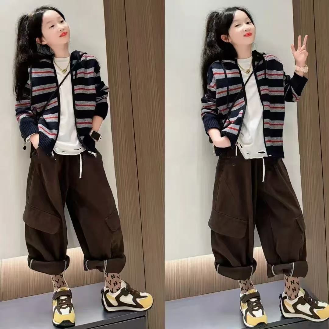 女童春秋套装2025新款针织毛衣开衫外套牛仔裤中大儿童洋气两件套