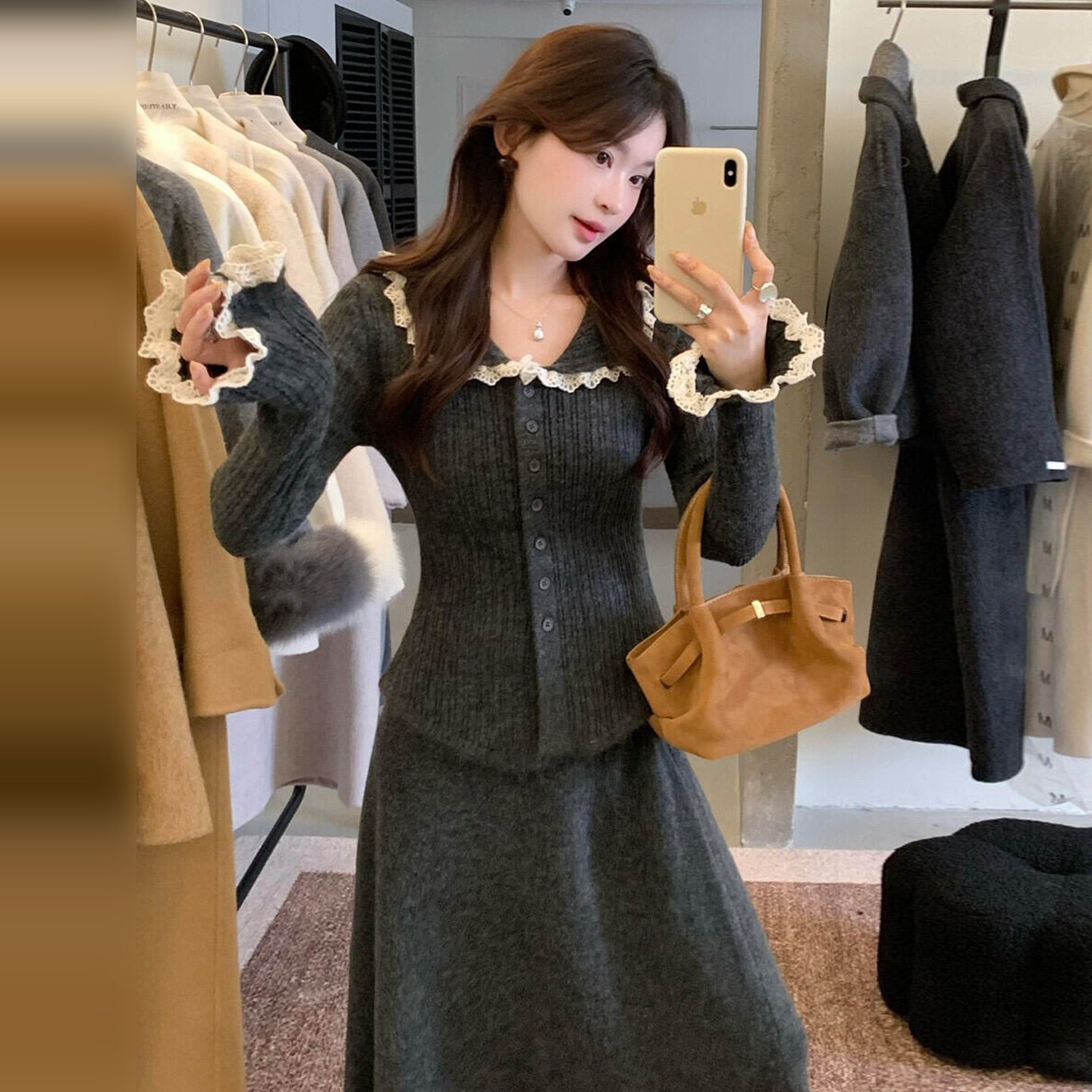 韩系千金感连衣裙子女秋冬2026新款小香风针织长裙深冬穿搭一整套