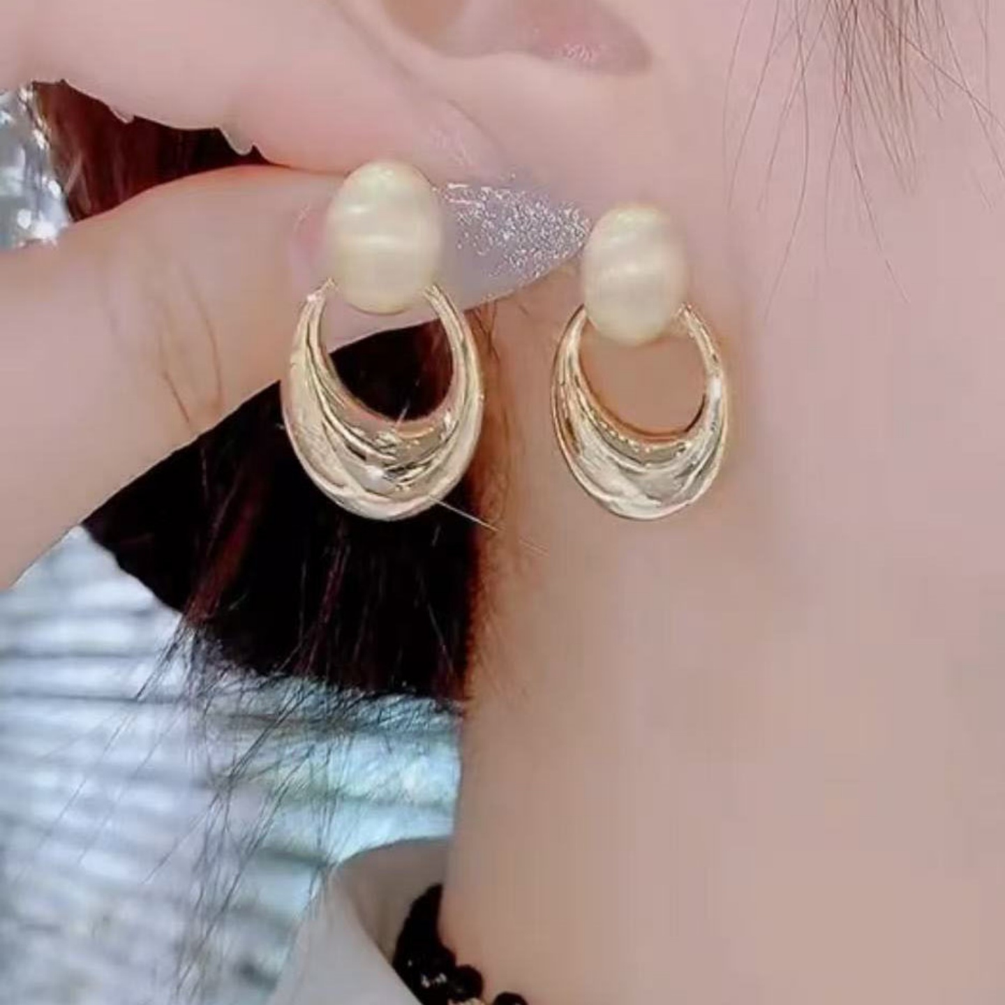 铜合金耳饰 纯银针拉丝耳钉椭圆形金属镂空耳环个性百搭几何耳饰